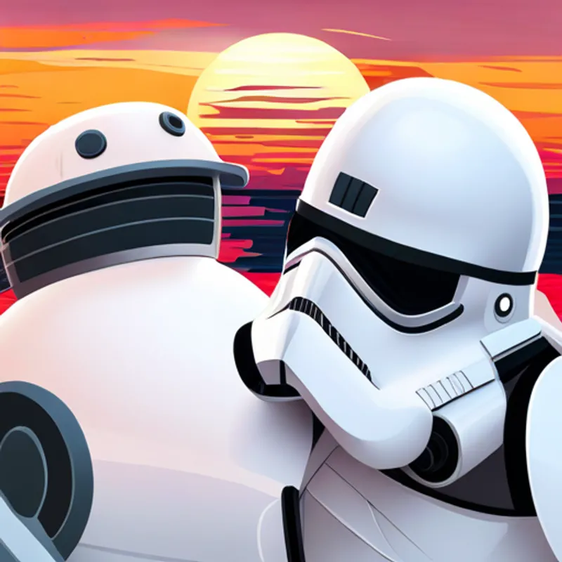 Stormtrooper Tim smiling, sunset over the Death Star