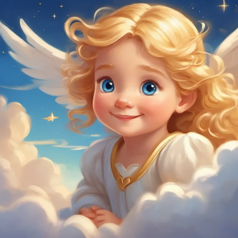 Introduction to Angel A small angel with golden hair and big blue eyes, always smiling on her cloud, overlooking Earth, serene and happy.