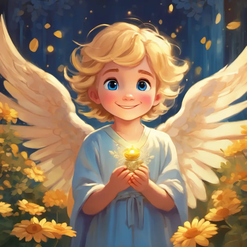 Watching the boy's good deeds, A small angel with golden hair and big blue eyes, always smiling's affection grows, her heart is joyful.