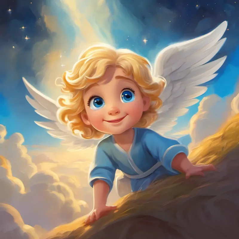 A small angel with golden hair and big blue eyes, always smiling seeks permission to go to Earth, feeling determined and hopeful.