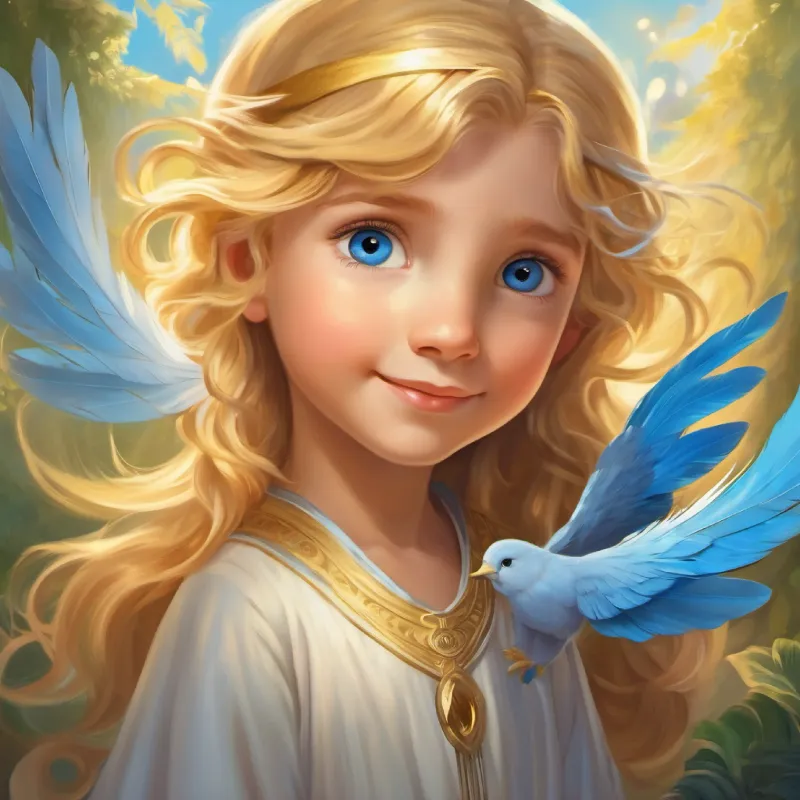 The head angel provides a magical feather for A small angel with golden hair and big blue eyes, always smiling's journey, imparting wisdom.