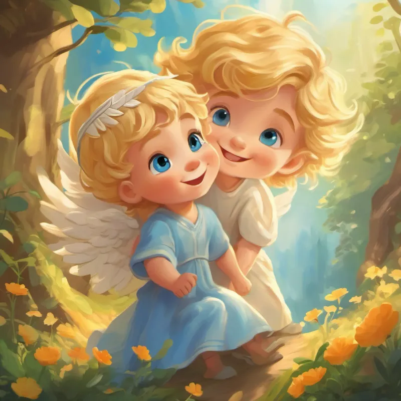 A small angel with golden hair and big blue eyes, always smiling's adventures on Earth with the boy, full of fun and friendship.