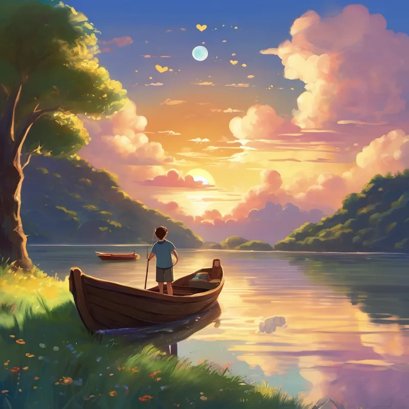 Once upon a time, in a world filled with dreams and wonder, there lived two friends named Lau and Kerry. Lau was a kind-hearted boy with bright eyes and a contagious smile, while Kerry was a gentle girl with a heart full of love and laughter. One beautiful evening, as the golden sun dipped below the horizon, Lau and Kerry found themselves on a magical adventure. They had discovered a mystical floating boat made entirely of fluffy heart-shaped clouds. It was as if they had stumbled upon a secret doorway to their dreams.