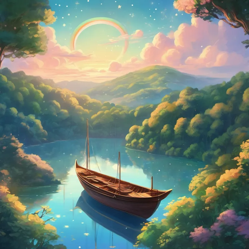 The boat gently lifted off the ground, soaring high above the treetops. Lau and Kerry marveled at the breathtaking view below. As the boat gracefully ascended, they discovered a celestial wonderland. Stars twinkled all around them, their gentle glow casting a dreamy pastel hue over everything. Lau and Kerry sat on the edge of the cloud boat, their serene expressions mirroring the peacefulness surrounding them. They marveled at the world below, seeing it from a different perspective. Houses and trees looked like miniature toys, and rivers glimmered like ribbons of silver.