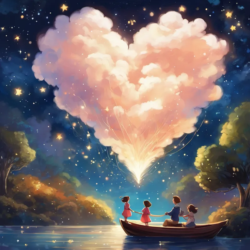As the night sky sparkled above them, Lau and Kerry laughed and played among the stars, painting beautiful constellations with their imaginations. They twirled and swirled, spreading stardust wherever they went, their laughter echoing through the cosmos. After what felt like an eternity of whimsy and delight, the fluffy heart-shaped cloud boat descended gently back to Earth. Lau and Kerry stepped off the boat, feeling renewed and filled with a sense of magic.