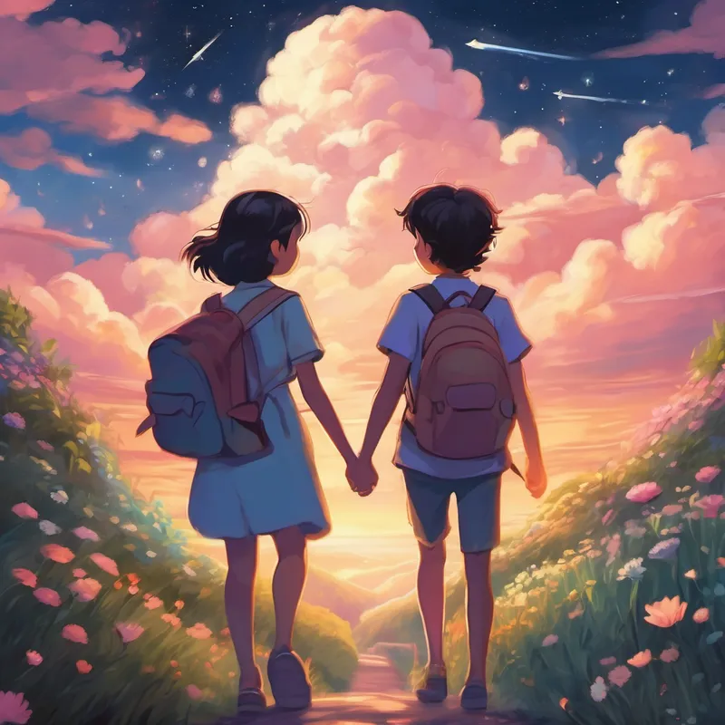 Hand in hand, the two friends walked back to their homes, knowing that they would forever cherish the memories they had made that night. The dreamy pastel colors and serene expressions on their faces remained etched in their hearts, reminding them to always find beauty, wonder, and love in the world around them. And so, as they bid each other goodnight, Lau and Kerry closed their eyes, finding comfort in knowing that they would always have the memories of their magical adventure among the stars and heart-shaped clouds. As they drifted off to sleep, they knew that in their dreams, they would forever be together, soaring on fluffy cloud boats, surrounded by twinkling stars, and immersed in an everlasting, dreamy pastel wonderland.