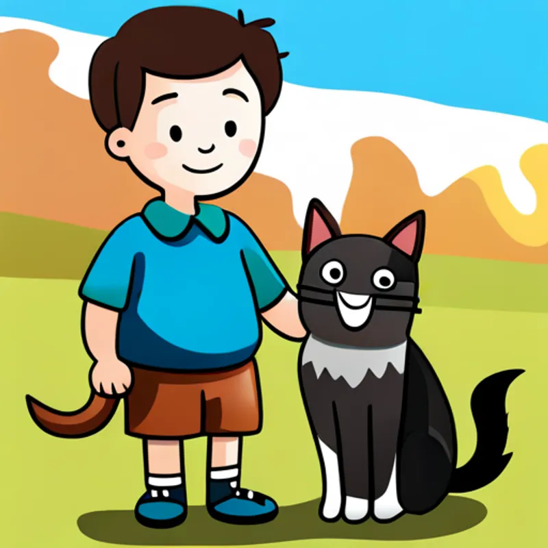 Little boy with brown hair and a big smile smiling, holding hands with Black and white cat with curious green eyes and Hyper German Shepard with blue eyes and floppy ears