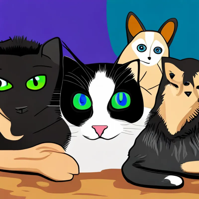 Black and white cat with curious green eyes, a black and white cat, and Hyper German Shepard with blue eyes and floppy ears, a hyper German Shepard with blue eyes