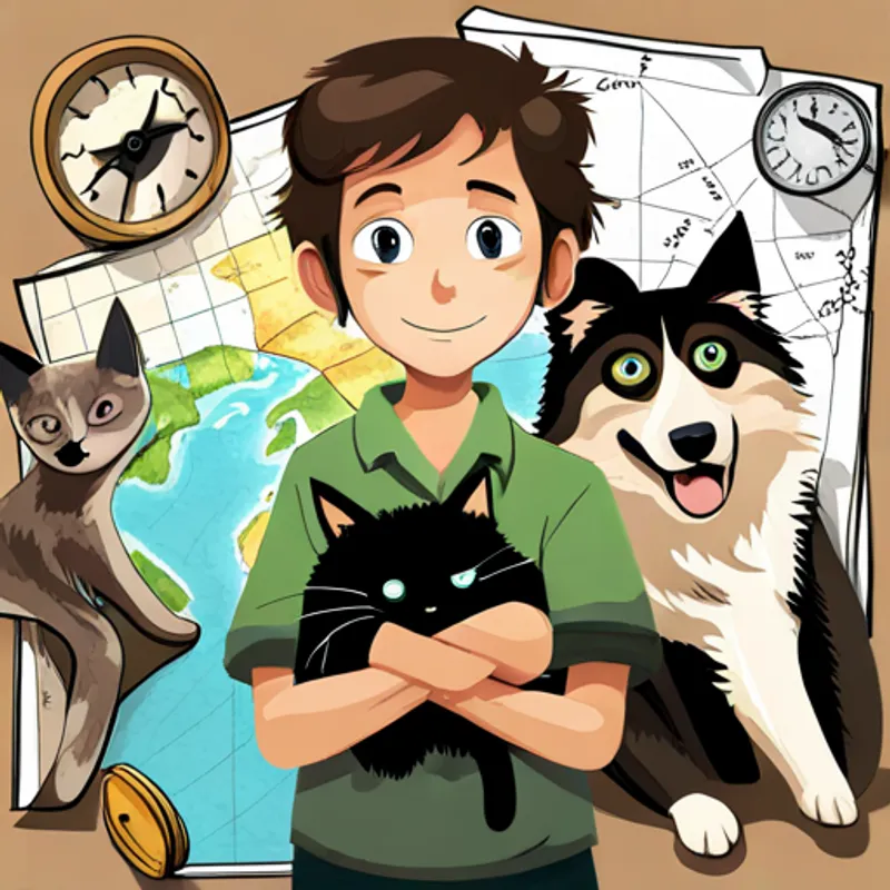 Little boy with brown hair and a big smile, Black and white cat with curious green eyes, and Hyper German Shepard with blue eyes and floppy ears with a map, ready to explore