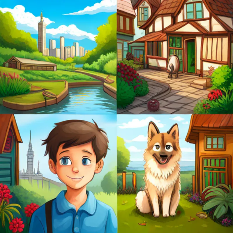 Little boy with brown hair and a big smile, Black and white cat with curious green eyes, and Hyper German Shepard with blue eyes and floppy ears exploring different places