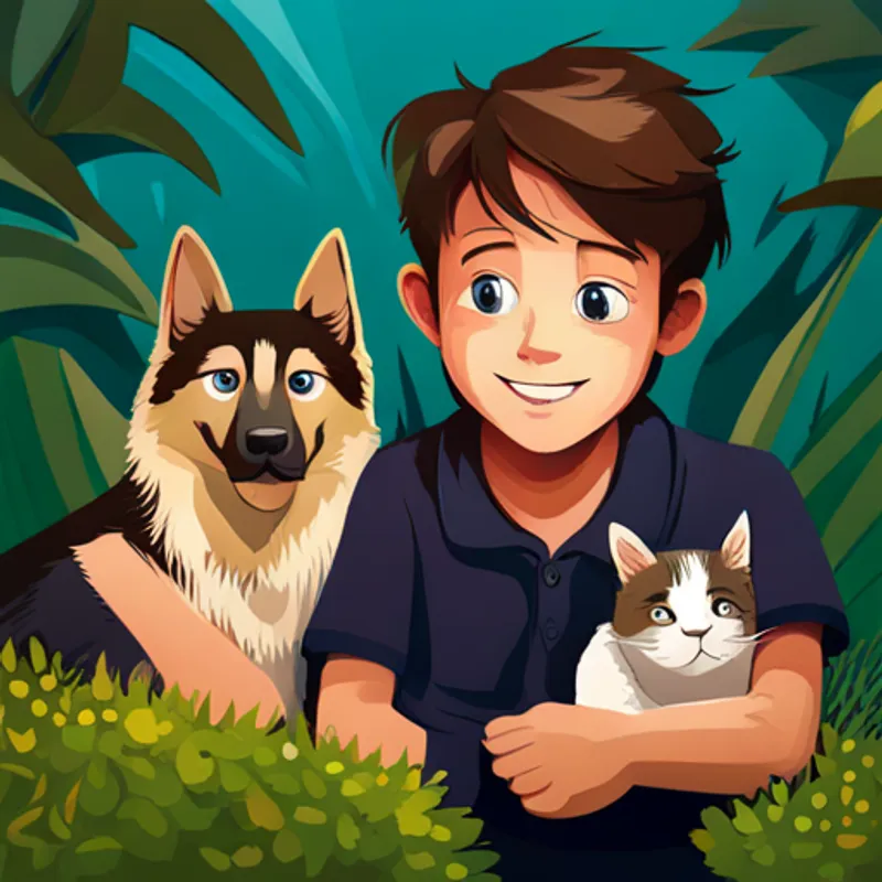 Little boy with brown hair and a big smile, Black and white cat with curious green eyes, and Hyper German Shepard with blue eyes and floppy ears surrounded by talking animals