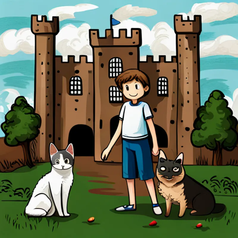 Little boy with brown hair and a big smile, Black and white cat with curious green eyes, and Hyper German Shepard with blue eyes and floppy ears with the friendly queen in her castle