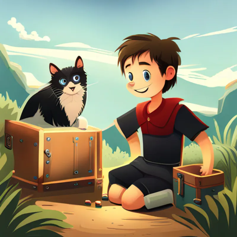 Little boy with brown hair and a big smile, Black and white cat with curious green eyes, and Hyper German Shepard with blue eyes and floppy ears excitedly opening a treasure chest