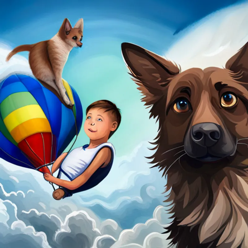 Little boy with brown hair and a big smile, Black and white cat with curious green eyes, and Hyper German Shepard with blue eyes and floppy ears in a hot air balloon, looking at clouds