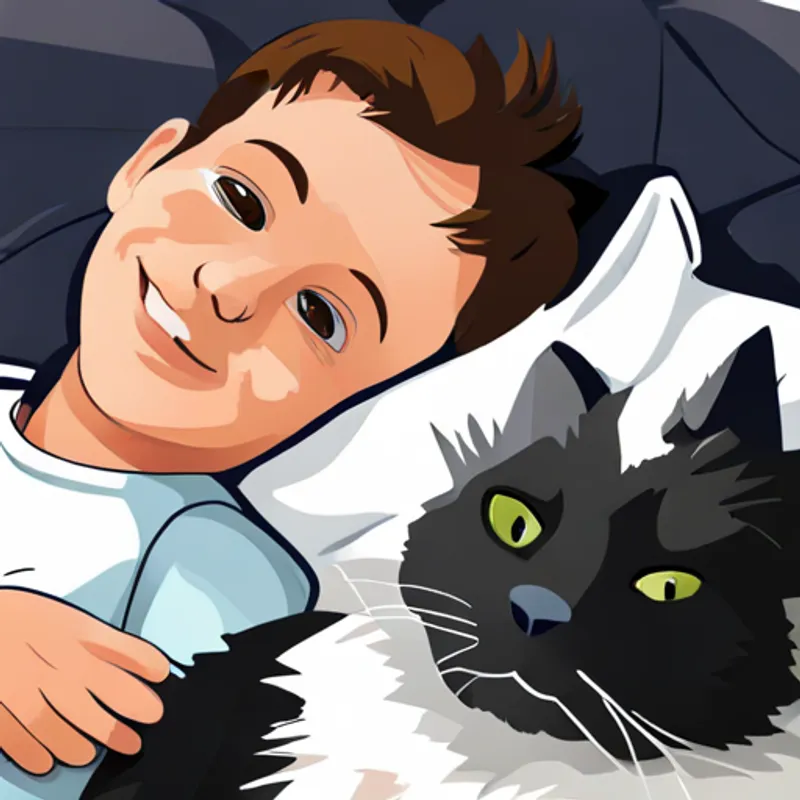 Little boy with brown hair and a big smile, Black and white cat with curious green eyes, and Hyper German Shepard with blue eyes and floppy ears snuggling up together for a nap