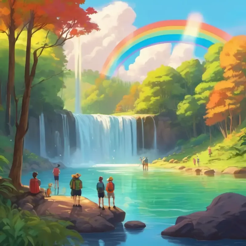 The friends gather by the river and discover the rumor about the Rainbow Waterfall.