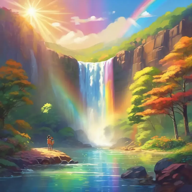 The friends finally discover the magnificent Rainbow Waterfall, shimmering in the sunlight.