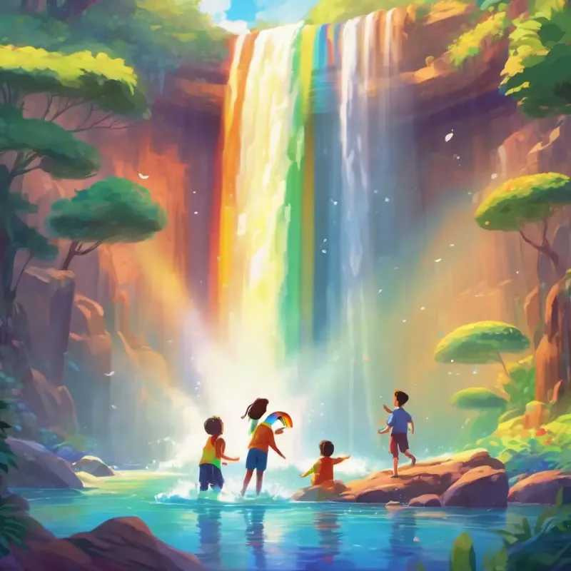 The friends play and splash in the cool waters of the Rainbow Waterfall, creating their own rainbows.