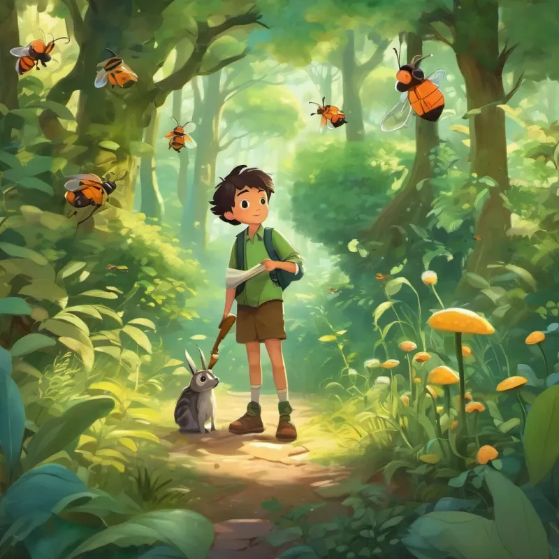 A whimsical forest with tall, green trees and A curious young boy, wearing casual clothes, holding a magnifying glass, a curious young boy, holding a magnifying glass, surrounded by bugs and bees.