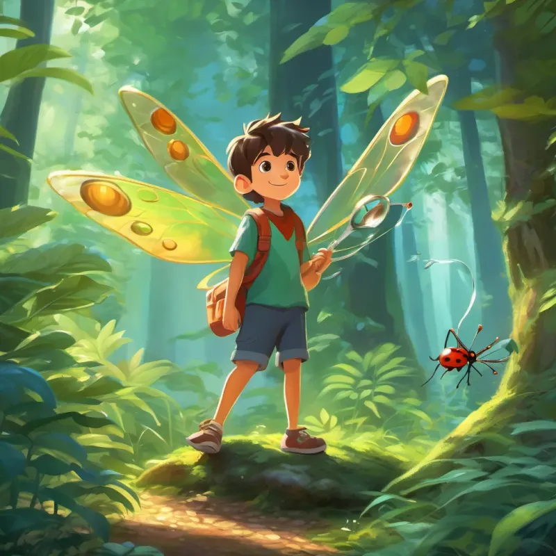 A curious young boy, wearing casual clothes, holding a magnifying glass meeting A bright, small flying bug with pixie-like wings, a bright, small flying bug with wings, in the lush forest.