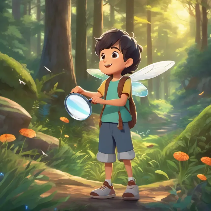 A curious young boy, wearing casual clothes, holding a magnifying glass and A bright, small flying bug with pixie-like wings waving to all their new friends, surrounded by the serene, evening forest scenery.