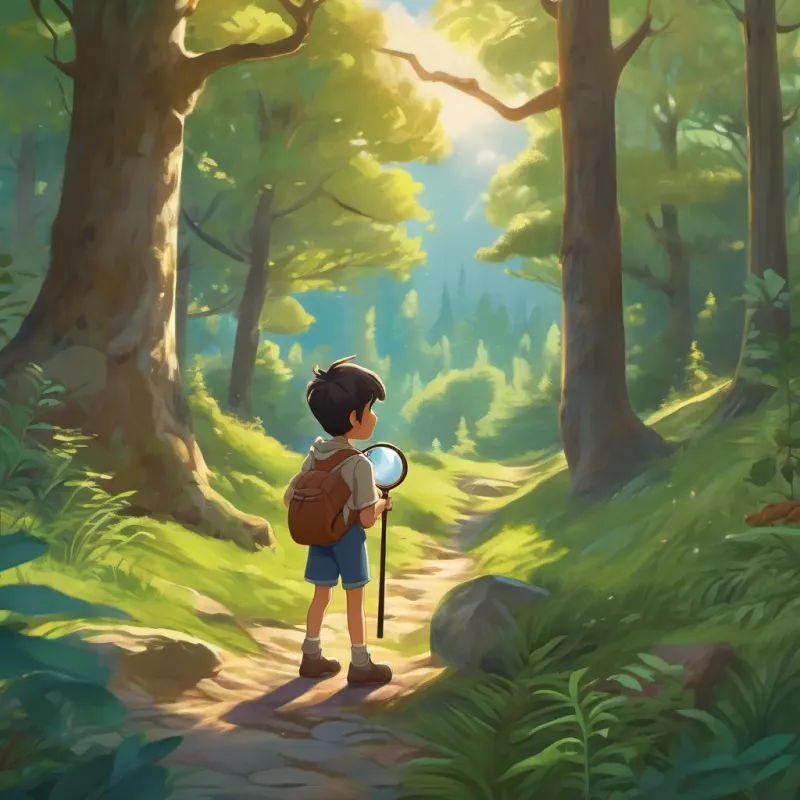 An inspirational scene with A curious young boy, wearing casual clothes, holding a magnifying glass looking back with awe at the forest, imbued with a sense of magic and wonder.