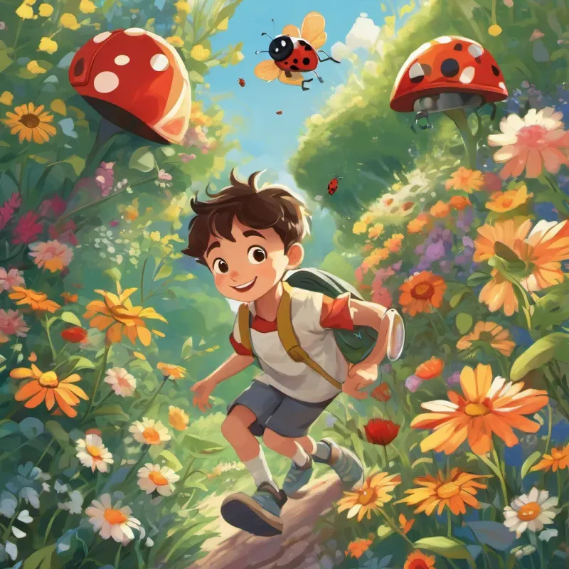 A curious young boy, wearing casual clothes, holding a magnifying glass and A bright, small flying bug with pixie-like wings hopping and skipping over to a vibrant patch of flowers, meeting A ladybug with many spots and a happy expression the ladybug with many spots.