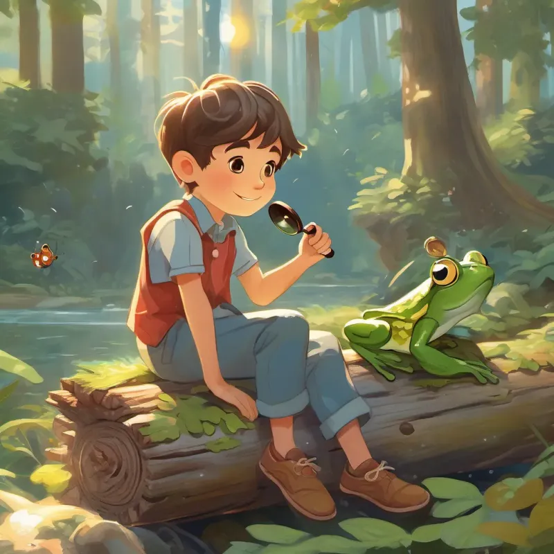 A curious young boy, wearing casual clothes, holding a magnifying glass and A bright, small flying bug with pixie-like wings meeting A joyful frog sitting on a log under the sun, a happy frog sitting on a log under the sun.