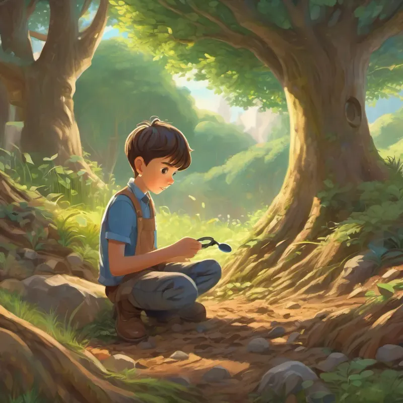 A curious young boy, wearing casual clothes, holding a magnifying glass attentively observing the roots spread through the soil, illustrating how they feed the trees.