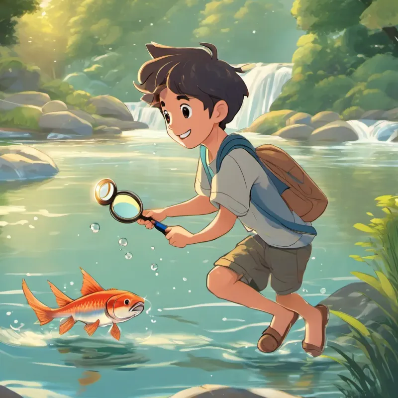 A curious young boy, wearing casual clothes, holding a magnifying glass, A bright, small flying bug with pixie-like wings, and A salmon fish swimming in the river and jumping joyfully the salmon leaping out of a river with dancing water ripples all around.