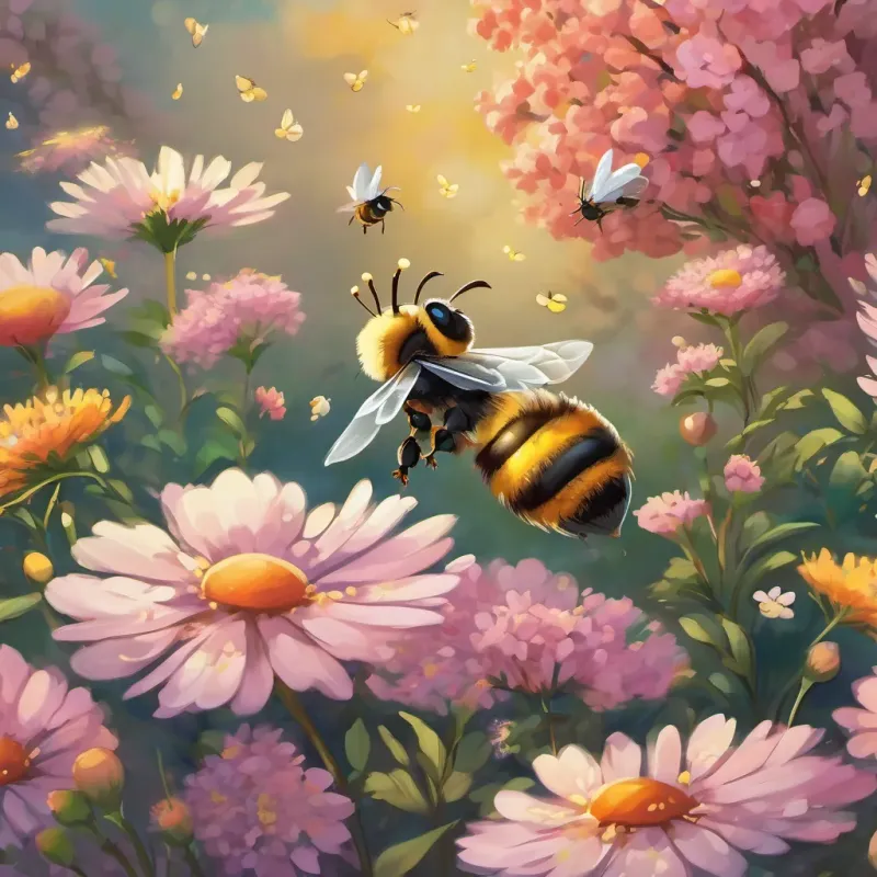 A bee carrying nectar with a buzzing sound around flowers the bee flying out from a flower field, buzzing and holding nectar, with flowers and bees around.