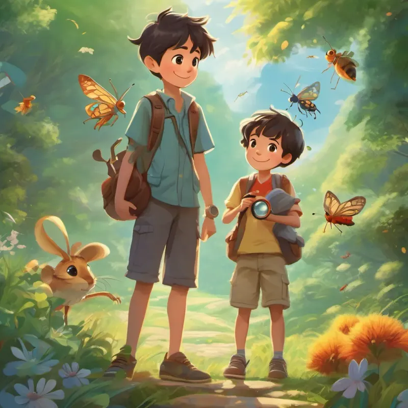 A curious young boy, wearing casual clothes, holding a magnifying glass, A bright, small flying bug with pixie-like wings, and their new friends standing together, smiling with a beautiful nature background.