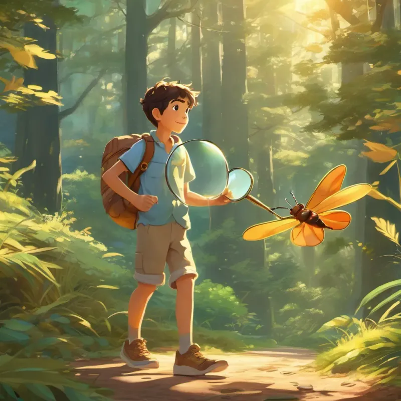 A curious young boy, wearing casual clothes, holding a magnifying glass and A bright, small flying bug with pixie-like wings walking back as the sun sets, with a warm, golden glow enveloping the tranquil forest.
