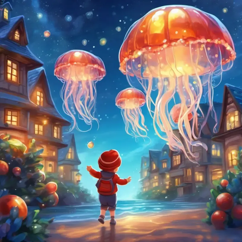 Introduction: A Radiant and warm, shining in the skyny sky with cute baby jellyfish playing happily.