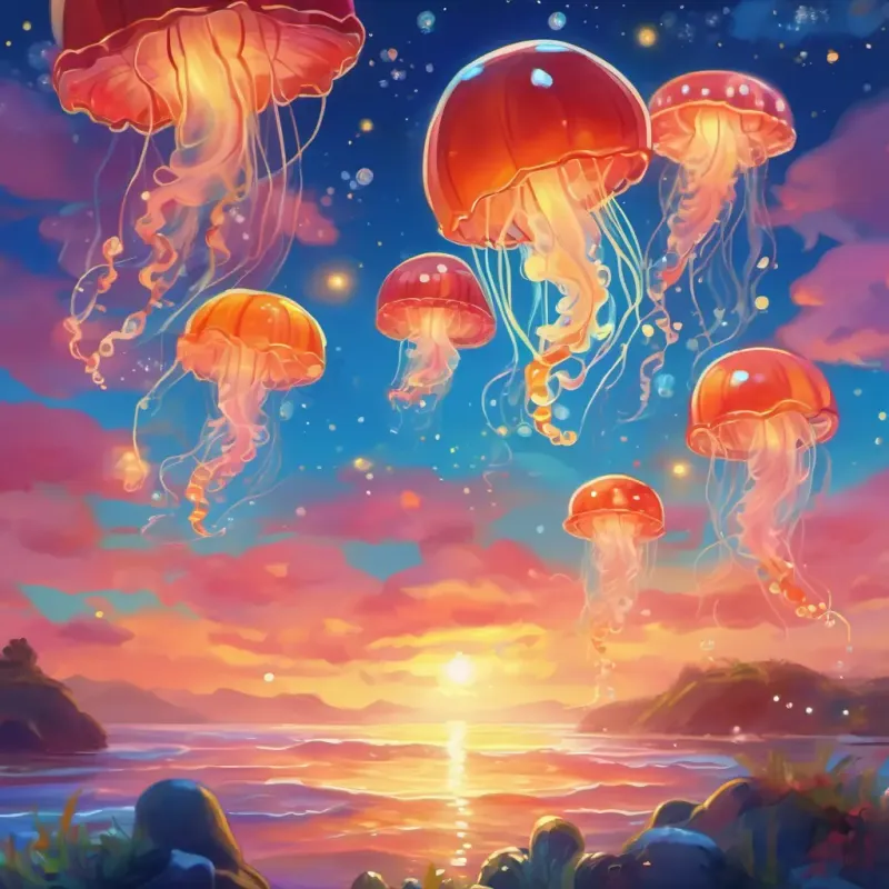 The sky painted with Radiant and warm, shining in the skyset colors, while the baby jellyfish happily danced.