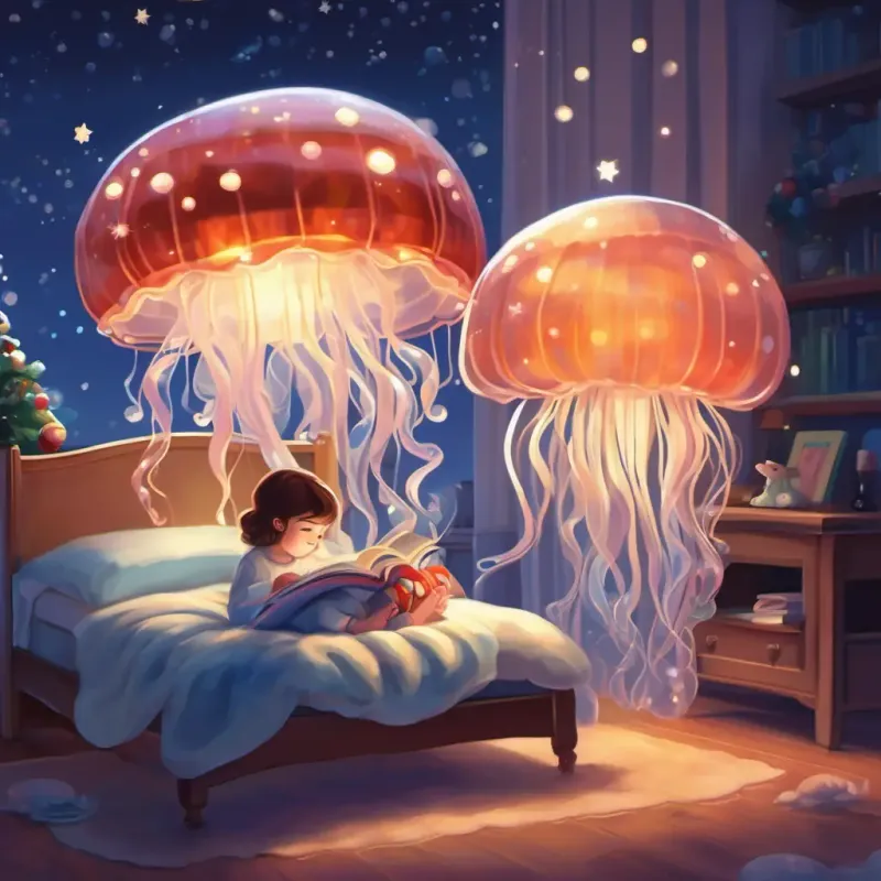 The baby jellyfish sharing bedtime stories and falling asleep under the gentle Serene and calming, glowing softly in the nightlight.
