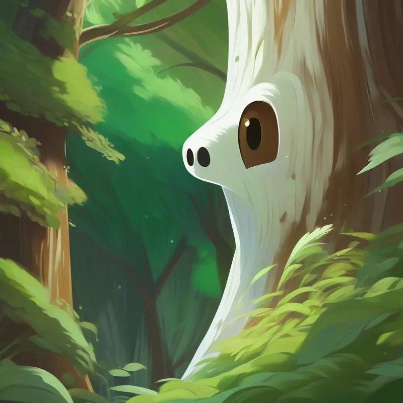 A timid spirit, always hiding, colors: see-through white, transparent hiding behind a tree, colors: white, green, brown