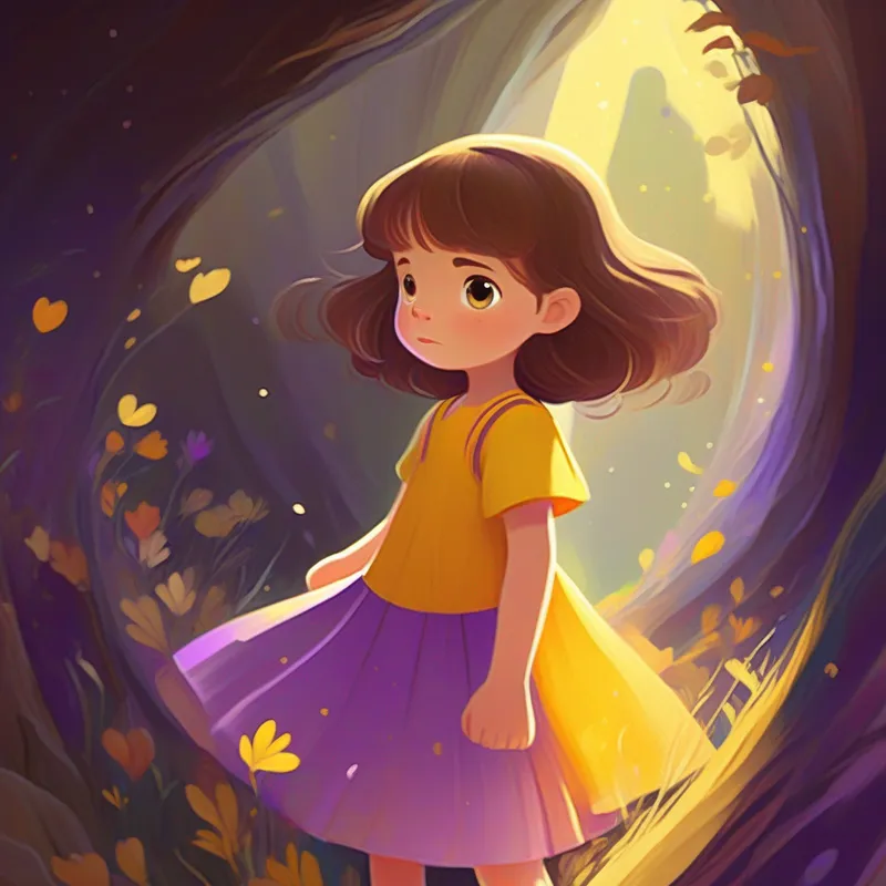 A brave little girl with a big heart, colors: yellow dress, brown hair discovering A timid spirit, always hiding, colors: see-through white, transparent, colors: yellow, orange, purple