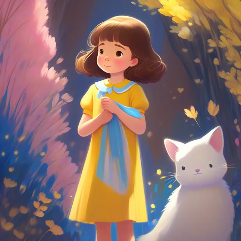 A brave little girl with a big heart, colors: yellow dress, brown hair comforting A timid spirit, always hiding, colors: see-through white, transparent, colors: blue, pink, white