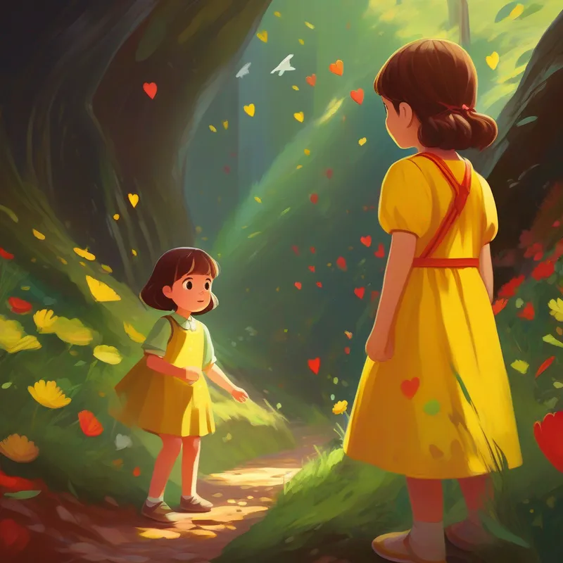 A brave little girl with a big heart, colors: yellow dress, brown hair telling stories to A timid spirit, always hiding, colors: see-through white, transparent, colors: red, yellow, green