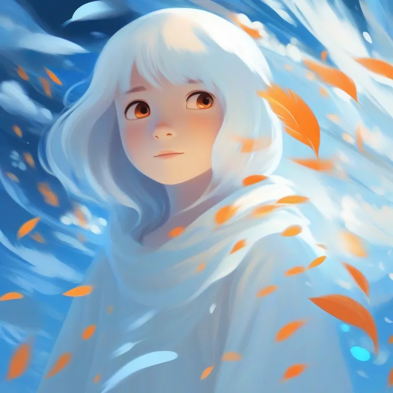 A timid spirit, always hiding, colors: see-through white, transparent growing confident, colors: white, blue, orange