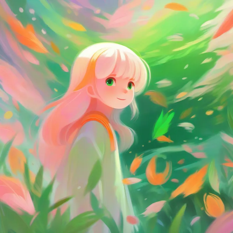 A timid spirit, always hiding, colors: see-through white, transparent having fun with human friends, colors: green, pink, orange