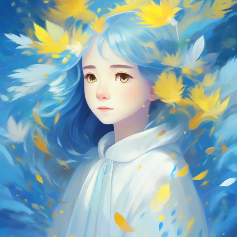 A timid spirit, always hiding, colors: see-through white, transparent embracing confidence, colors: white, blue, yellow