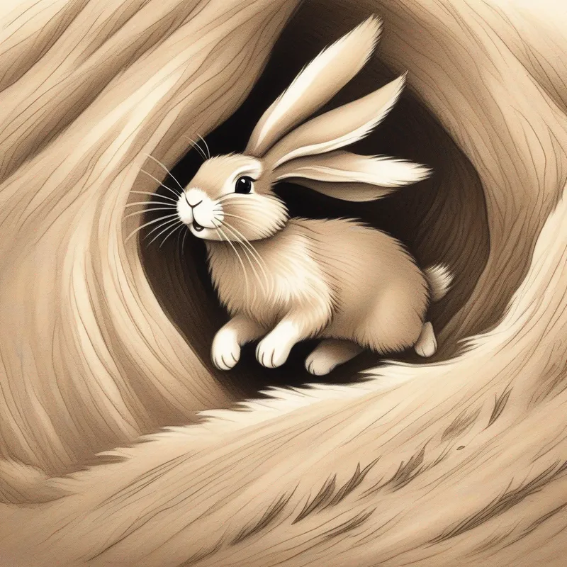 A brave bunny with soft brown fur and floppy ears excitedly jumping out of his cozy burrow