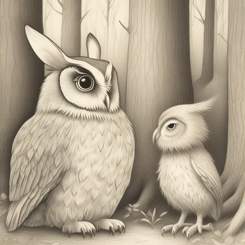 A brave bunny with soft brown fur and floppy ears meeting A wise old owl with big round eyes the owl in the forest
