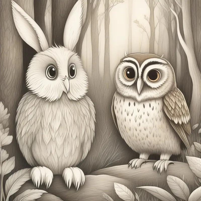 A brave bunny with soft brown fur and floppy ears and A wise old owl with big round eyes talking in the forest