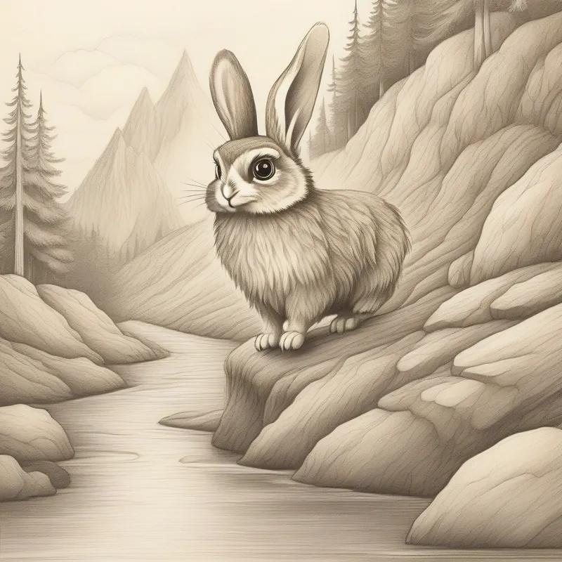 A brave bunny with soft brown fur and floppy ears and A wise old owl with big round eyes crossing the brook and climbing the mountain