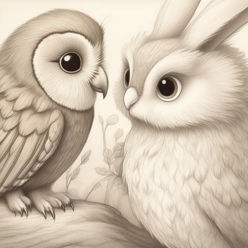 A brave bunny with soft brown fur and floppy ears saying goodbye to A wise old owl with big round eyes with a smile