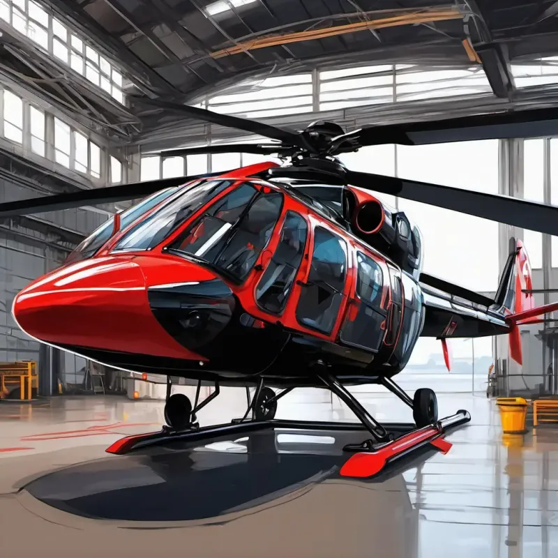 A shiny black helicopter with big blades and a big red cross the black helicopter with shiny paint and big blades, living in a hangar