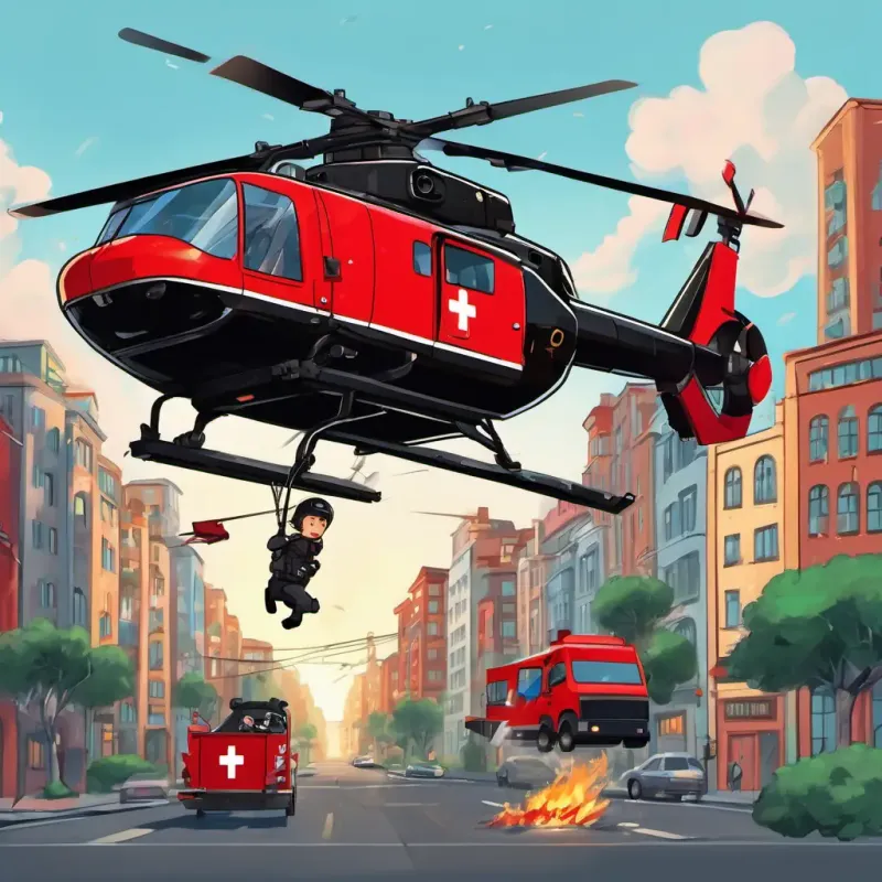 A shiny black helicopter with big blades and a big red cross flying in the city, rescuing Cute cats stuck in trees, putting out Big flames that A shiny black helicopter with big blades and a big red cross puts out with his water gunss, and helping injured Happy people cheering for A shiny black helicopter with big blades and a big red cross
